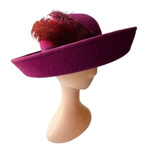 Vintage Magenta Wool Wide Brim Hat with Feather Accent Elegant 1950s 1960s Style